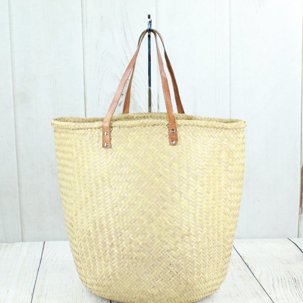 Women's Tan Ratan Cowhide Woven Double Handle Leather Bucket Tote Handbag - Picture 4 of 9